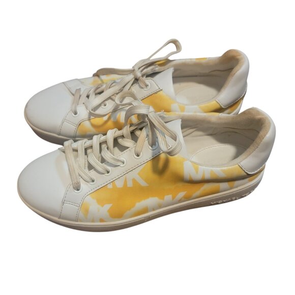 Michael Kors Poppy Logo Stripe Lace Up Sneakers Wave Print Buttercup - Picture 3 of 13